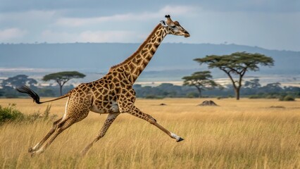 Fototapeta premium Giraffe Running in African Savannah Wild Animal Wildlife Nature