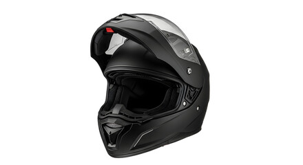 A matte black full face motorcycle helmet with a clear visor, isolated on a white background