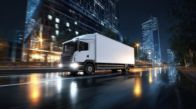 The fast-moving truck navigating a bustling city at night.