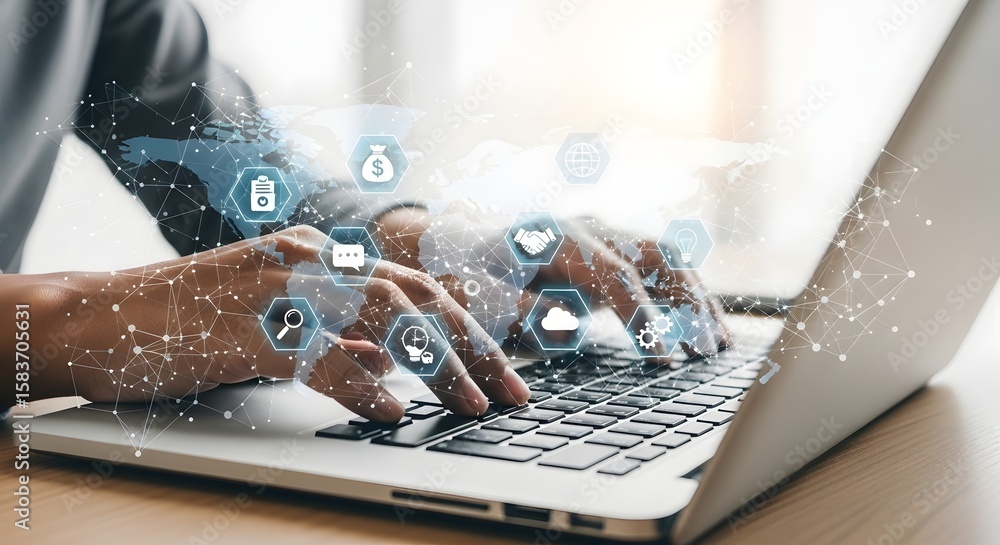 Poster typing laptop business technology internet network connection digital communication data online