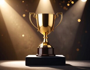 Glowing Gold Trophy on Velvet Podium with Spotlight