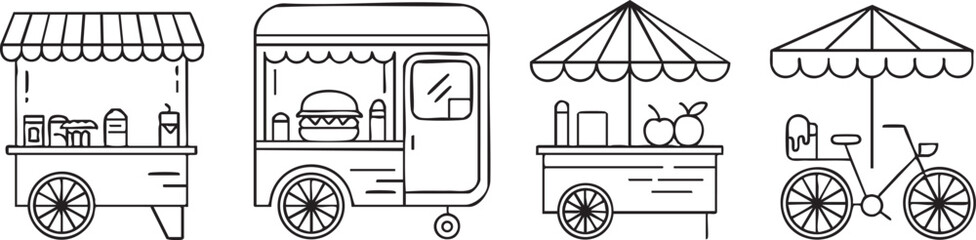 Obraz premium Collection of four diverse food cart icons in a simple line art silhouette style