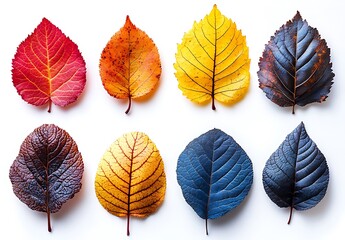 Fototapeta premium Collection of eight autumn leaves in vibrant red orange yellow and blue hues fall foliage