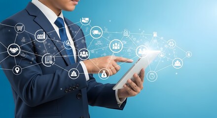 Businessman using tablet for business network connection digital marketing strategy data