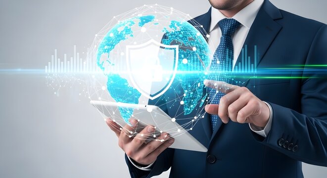 Businessman data security global network technology protection connection digital world