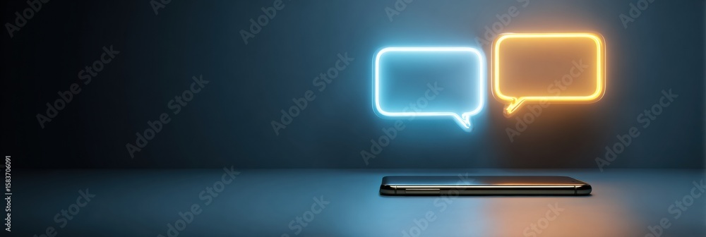 Poster smartphone with glowing speech bubbles indicating communication in a minimalistic setting