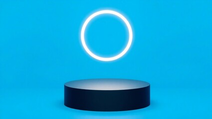 Minimalist stage with glowing ring and dark pedestal on blue background