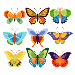 Collection of nine colorful butterflies in a grid isolated on white background