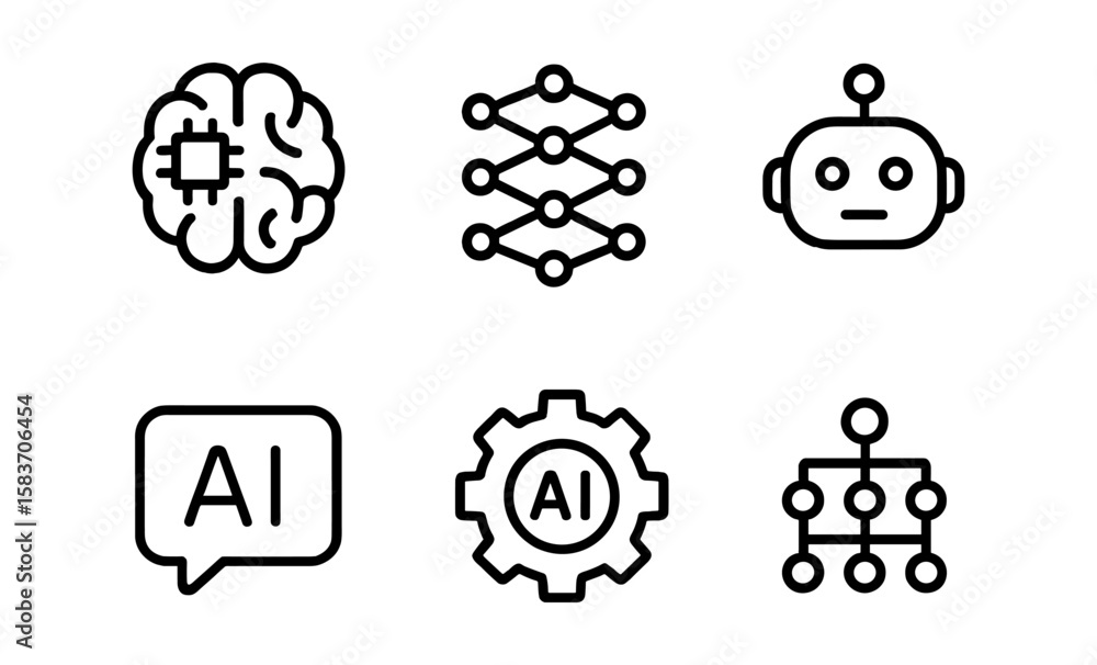 Poster futuristic ai technology icons: neural network, robotics, machine learning, and artificial intellige