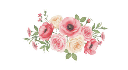 Watercolor floral bouquet of pink poppies and cream roses isolated on transparent background, a vintage and delicate design
