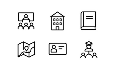Fototapeta premium Linear education icons: school, library, map, id, graduation, presentation