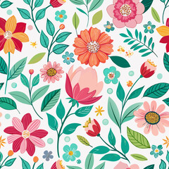Vibrant floral pattern with blooming flowers and green leaves isolated on white background