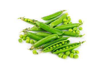Fresh green pea pods with green peas isolated on white background. Sweet green peas. Green pea beans vegetables. Vegan. healthy vegetable