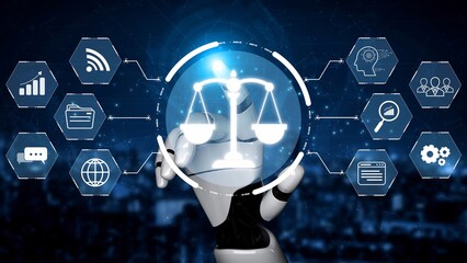 Futuristic digital law interface displaying justice scale, highlighting digital law, AI compliance,...