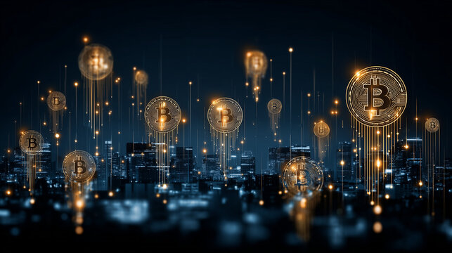 Cryptocurrency symbols floating in a digital cityscape.
