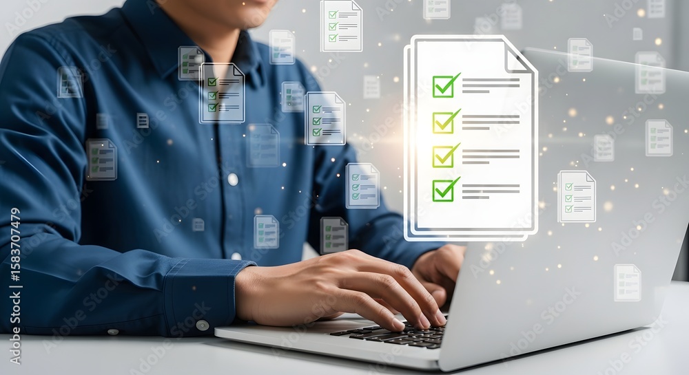 Poster automation checklist digital documents form laptop management online paperwork process system taskin