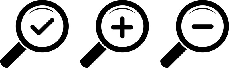 Obraz premium Zoom In and Zoom Out icons. Search icons. Magnifying Glass icons. magnifier with plus and minus. loupe with check mark sign 