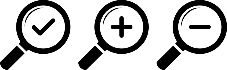 Fototapeta premium Search icon set. zoom in and zoom out icons. magnifier with plus and minus. Magnifier or loup with check mark signs. search and investigation symbol 