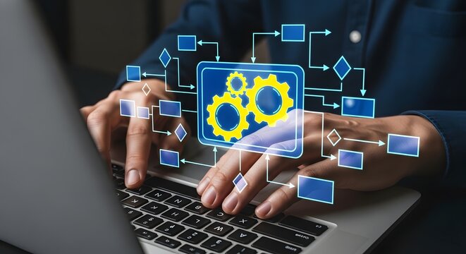 Automating workflow process management software system with laptop and technology gears icons