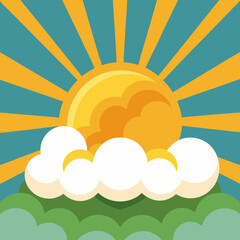Stylized sun shining through clouds over green hills isolated on white background