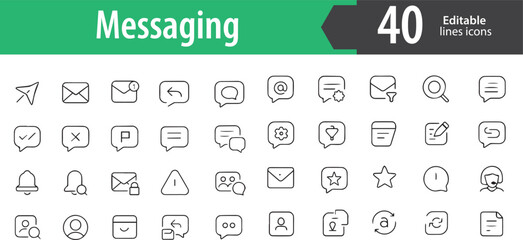 Messaging Line Icons, Chat Bubble, Inbox, Send Button, SMS, Instant Message, Editable Formats: AI, EPS, PNG, Ideal for Both UI and Print Media Use
