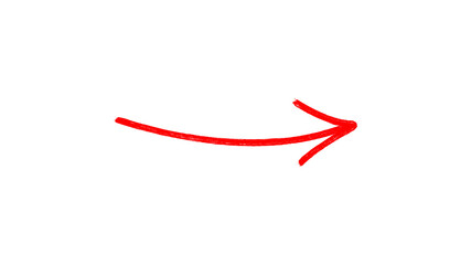 A hand drawn red curved arrow pointing to the right isolated on transparent background