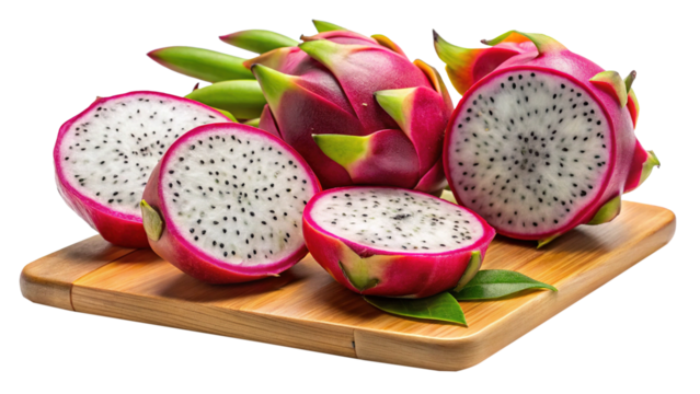 Freshly cut dragon fruit on a wooden cutting board, ready to eat