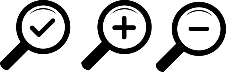Obraz premium Search icon set. zoom in and zoom out icons. magnifier with plus and minus. Magnifier or loup with check mark signs. search and investigation symbol 
