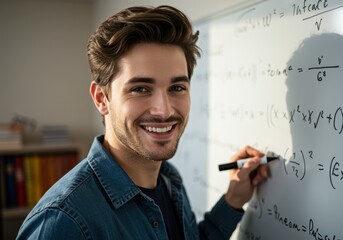 A happy man smiles while solving math equations on a whiteboard in a classroom setting.