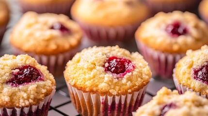 Closeup Golden Brown Crumb Top Fruit Muffins Red Jelly Center