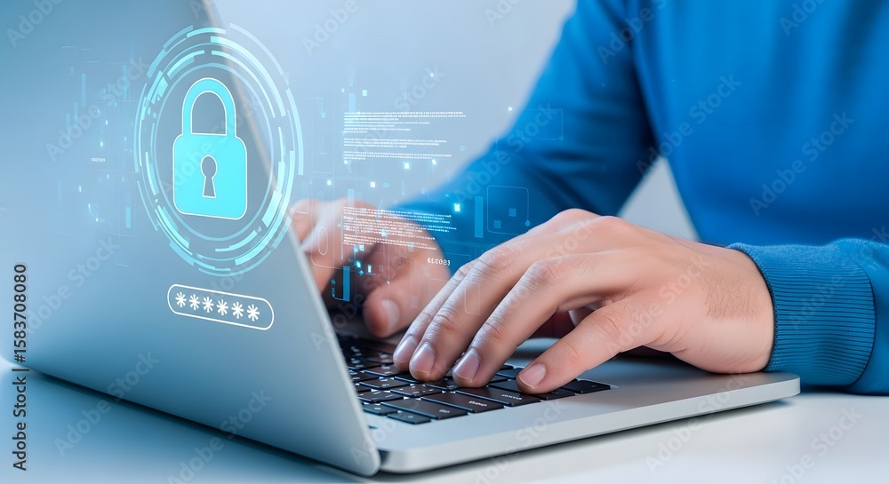 Poster cybersecurity data protection privacy security network internet technology laptop user hands typing