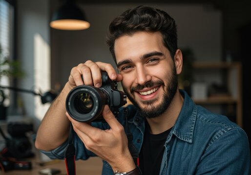 A smiling photographer holds a DSLR camera, ready to capture a moment.