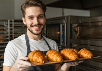 Happy baker holding a tray of freshly baked, golden croissants in a bakery.