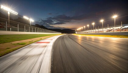 Obraz premium Asphalt surface racing track corner in night motion blur