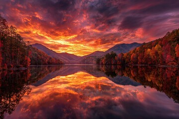 Vibrant Sunset Reflection Over Calm Mountain Lake in National Park