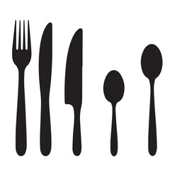 Collection of black silhouette cutlery including a fork two knives and two spoons on a white background