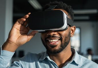 Happy man experiencing virtual reality in an office setting with a big smile.
