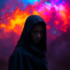 mysterious woman with hood colorful background