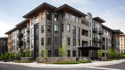 Fototapeta premium Modern Multi-Story Apartment Building with Stone and Wood Facade and Balconies