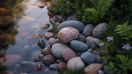 Smooth Colorful Stones by a Stream with Flowers and Ferns &ndash; Tranquil Nature Scene