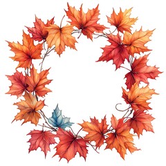 Watercolor autumn maple leaves forming a circular wreath with a blue leaf fall