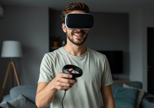 Happy man enjoying vr gaming with a modern headset and controller.