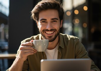 A smiling man enjoys coffee while working on his laptop in a sunny cafe.