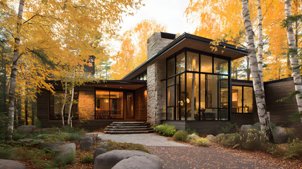 Modern lakeside house nestled amongst vibrant autumn foliage, offering peaceful escape
