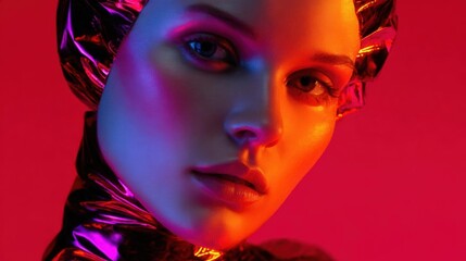 Close-up portrait of a woman's face. the woman appears to be in her late twenties or early thirties. she has a pale complexion and her hair is styled in a sleek, voluminous manner.