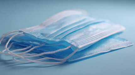 The stack of blue medical masks on a soft background.