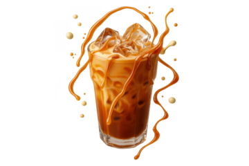 Refreshing iced coffee with caramel splash on transparent background