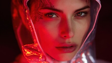 Close-up portrait of a young woman's face. she is wearing a transparent hood that covers her head and shoulders. the hood is made of a shiny, metallic material and has a red glow emanating from it.