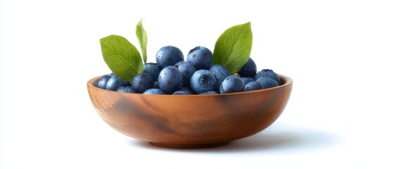 The vibrant blueberries in a wooden bowl with fresh green leaves.