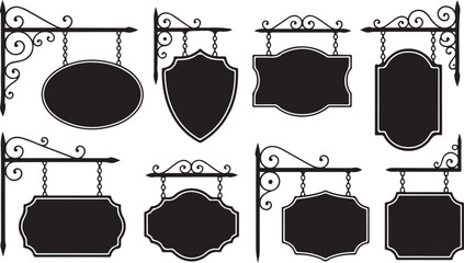 Collection of ornate hanging sign silhouettes, vintage shop signs with scrollwork and frames for cafes, boutiques, restaurants, and signage design